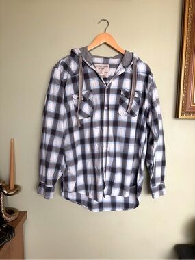 Vintage Canyon River Blues Plaid Blue Gray Hooded Flannel 100% Cotton Size L